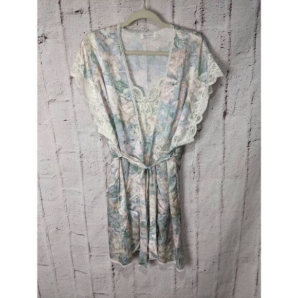 Vintage Lucie Ann Pastel Pink Blue Floral Robe Short Lace Kimono and Nightgown s - Picture 2 of 16